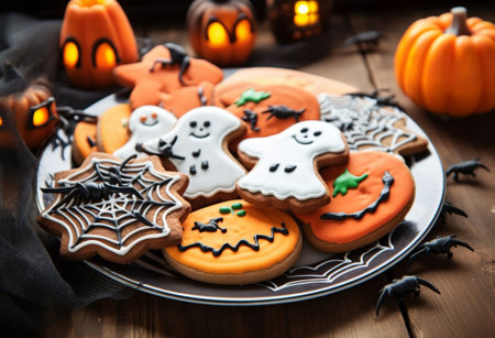 Generative AI : Cookies Witchs fingers for Halloween party celebration Wooden backgroundの素材