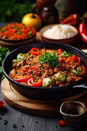 Generative AI : Beef and vegetables stir fry in a pan and rice Blue stone background Top viewの素材