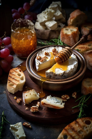 Generative AI : Cheese plate with fresh grape honey comb nuts and plum jelly marmalade on a blue wooden backgroundの素材