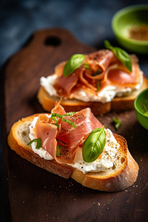 Generative AI : Bruschetta crostini toasts with cream cheese Jamn ham and fresh basil on dark marble board Close upの素材