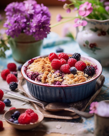 Generative AI : Cranberry bilberry crumble with rosemary on a wooden and textile backgroundの素材