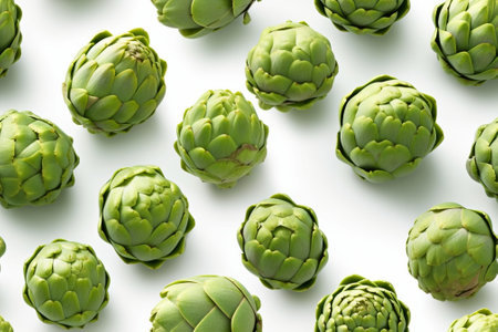 Generative AI : Fresh artichokes Dark marble background Top viewの素材