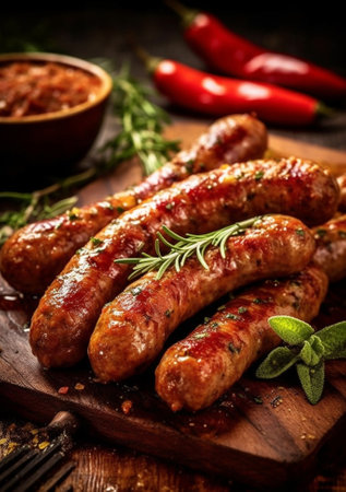 Generative AI : Grilled sausages with beans in tomato sauce in with rosemary and paprika in a vintage pan on a wooden backgroundの素材