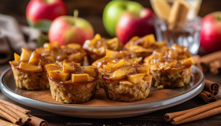 Generative AI : Healthy vegan oat muffins apple and banana cakes on a white plate Blue stone backgroundの素材