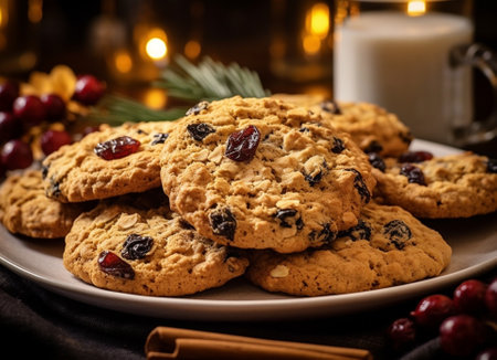 Generative AI : Oat cookies with cranberries and maple glaze on a colling rack Rustic textile backgroundの素材