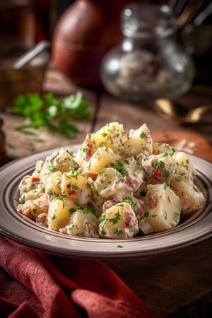 Generative AI : Potato salad with bacon mushroom on orange napkin Wooden background Top viewの素材