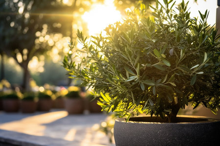 Generative AI : Olive tree branches in the sunlight Summer outdoor backgroundの素材