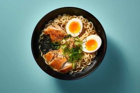 Generative AI : Noodles soba on blue background Traditional Japanese food Top viewの素材