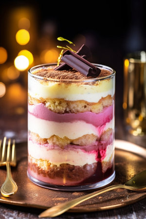 Generative AI : Rose and raspberry flavor tiramisu in a glass cups on a wooden backgroundの素材