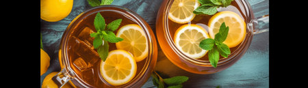 Generative AI : Ice tea with fresh lemons Grey background Copy space Top viewの素材