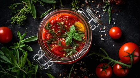 Generative AI : Sun dried tomatoes with fresh herbs and spices Slate background Top view Copy spaceの素材