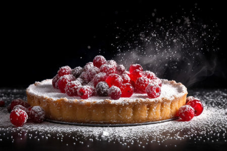 Generative AI : Tart pie cake with jellied fresh cranberries bilberries and winter spices on a grey stone background Copy spaceの素材