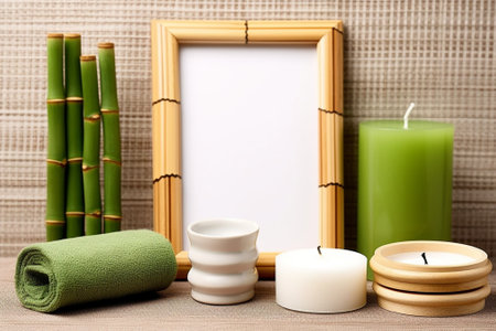 Generative AI : Spa and wellness massage setting Still life with essential oil salt stones and cinnamon candle Wooden background with bamboo leaves Copy spaceの素材