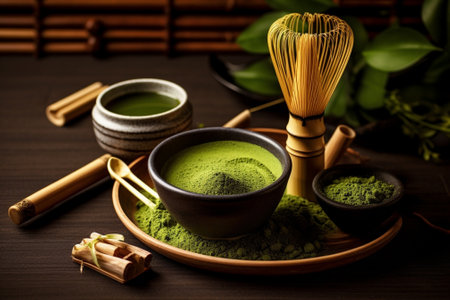 Generative AI : Matcha green tea powder in black bowl with bamboo whisk on slate background Top viewの素材