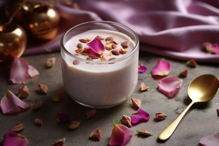 Generative AI : White creamy panna cotta with rose petals confiture on top on a copper trayの素材