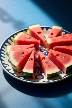 Generative AI : Watermelon slices on a blue plate Colorful wooden background with palm leaves Top viewの素材