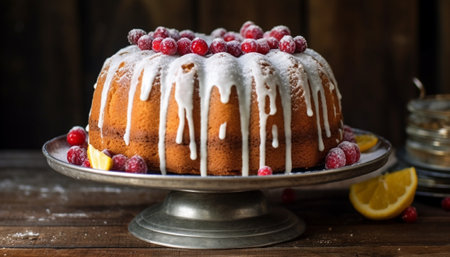 Generative AI : Traditional Christmas Fruit Cake pudding with marzipan and cranberry and rosemary decor on a white wooden backgroundの素材