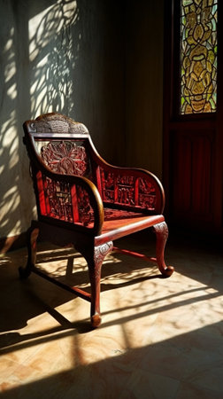 Generative AI : Vintage rocking chair asian wooden art at the hotel lobbyの素材