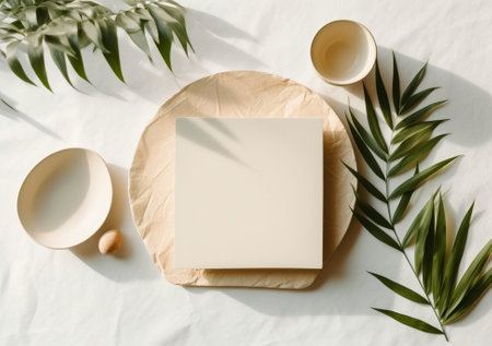 Generative AI : Wooden plate with palm leaf on natural linen textile background Copy space Top viewの素材