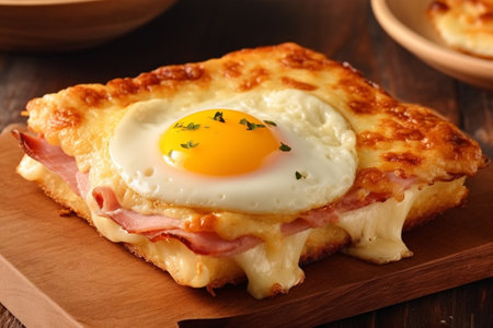 Generative AI : Croque madame egg ham cheese sandwich traditional French cuisine Breakfast tableの素材