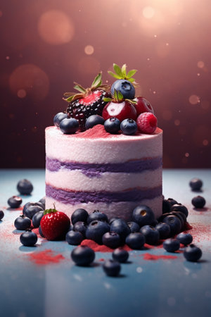Generative AI : Cranberry bilberry raspberry tart mousse cake pie cheesecake with fresh bilberries on a blue backgroundの素材