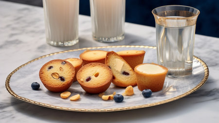 Generative AI : Healthy vegan oat muffins apple and banana cakes with sour cream on a white plate Blue stone backgroundの素材