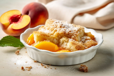 Generative AI : Crumble cake with peach fruit and ice cream in bowl Close upの素材