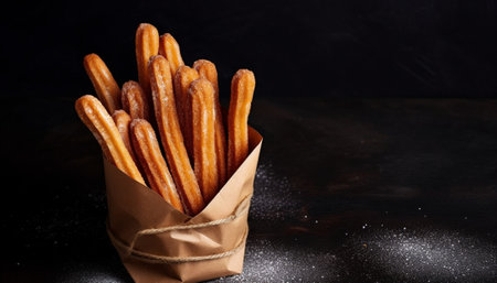 Generative AI : Churros snack on black plate Grey background Close upの素材