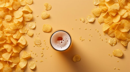 Generative AI : Beer salted pretzels potato chips cheese sticks on wooden background Top viewの素材