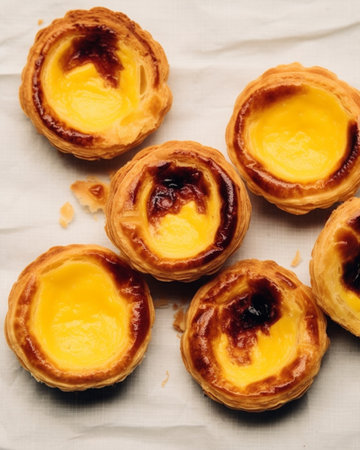 Generative AI : Egg tart traditional Portuguese dessert pastel de nata on a parchment paper Blue backgroundの素材