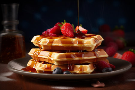 Generative AI : Breakfast Belgian waffles with maple syrup and fresh raspberry Grey backgroundの素材