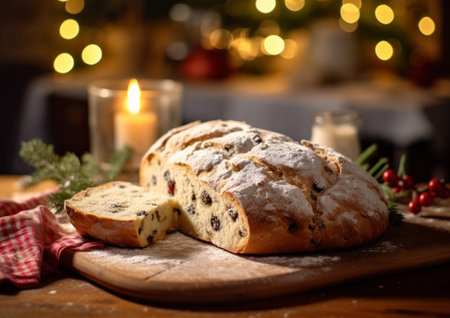 Generative AI : Christmas stollen cake with icing sugar Traditional Dresdner christ pastry with marzipan and raisins Close upの素材