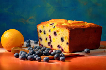 Generative AI : Banana bread with cream cheese frosting honey fresh berries blueberries on a turquoise wooden backgroundの素材