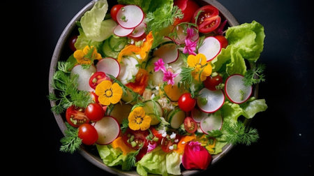 Generative AI : Fresh green salad with strawberries and edible flowers in a bowl Marble backgroundの素材