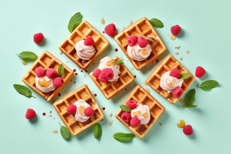 Generative AI : Belgian waffles with fresh red currant berries Grey background Copy space Top viewの素材