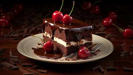 Generative AI : Black forest cake Schwarzwald pie dark chocolate and cherry dessert on a white plateの素材