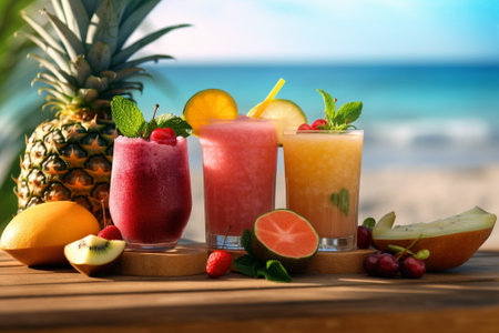 Generative AI : Juice Bar with assorted fresh fruits and vegetables Tropical summer outdoor backgroundの素材
