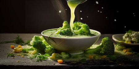 Generative AI : Broccoli cream soup in a bowl with toasted bread Top viewの素材