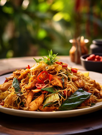 Generative AI : Mi gorengmee goreng Indonesian cuisine spicy stir fried noodles with tempeh and assortment of asian saucesの素材