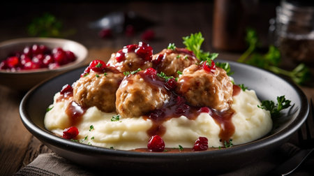 Generative AI : Meatballs duck meat with apple sauce and mashed celery potato on a wooden backgroundの素材