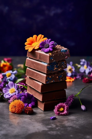 Generative AI : Chocolate bar with berries and candied violet petals Grey stone backgroundの素材
