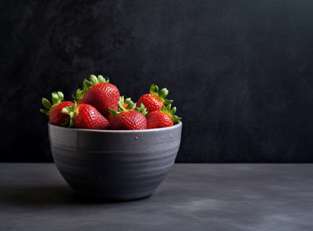 Generative AI : Fresh berries strawberry in a white ceramic bowl on a rustic backgroundの素材