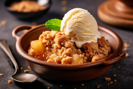 Generative AI : Crumble with ice cream in bowl Grey background Close upの素材