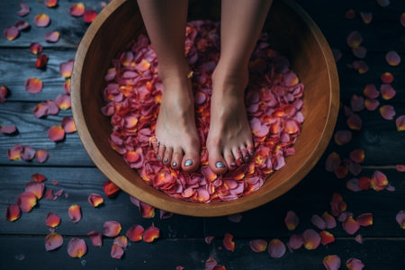 Generative AI : Rose flower petal and buds in water with drops on flowers in a wooden blue bowl on a wooden backgroundの素材