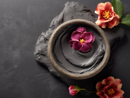 Generative AI : Hibiscus flower tea in black bowl on grey stone background Copy space Top viewの素材