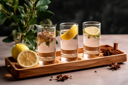 Generative AI : Tea cup with honey and lemon on wooden tray Grey background Copy spaceの素材