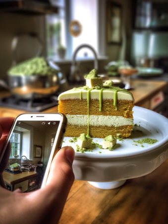 Generative AI : Matcha green tea cake bars brownie with white chocolate on a plate Grey stone background Top viewの素材
