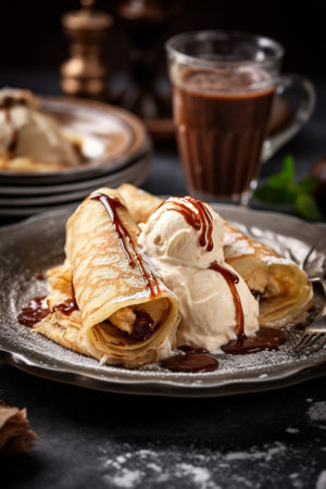 Generative AI : Thin crepes or pancakes with butter honey and sour cream on a rustic textile backgroundの素材