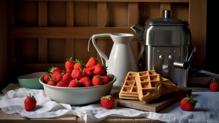 Generative AI : Fresh waffles with a bottle of milk and fresh strawberry om a white background Breakfast tableの素材