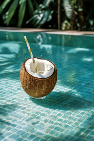 Generative AI : Green coconut with carving welcome and flower on a swimming pool summer background Copy spaceの素材